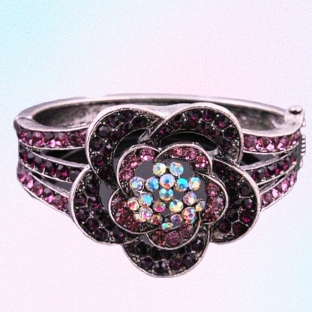 Purple Diamante Crystal Flower Cuff Bangle - Picture 10 of 13